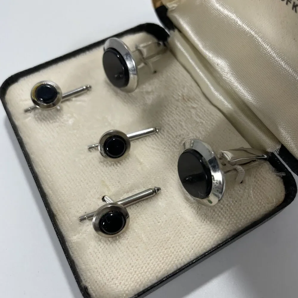 Vtg After Six By Rudofker Silver Black Men’s Formal Classic Cufflink Stud Set